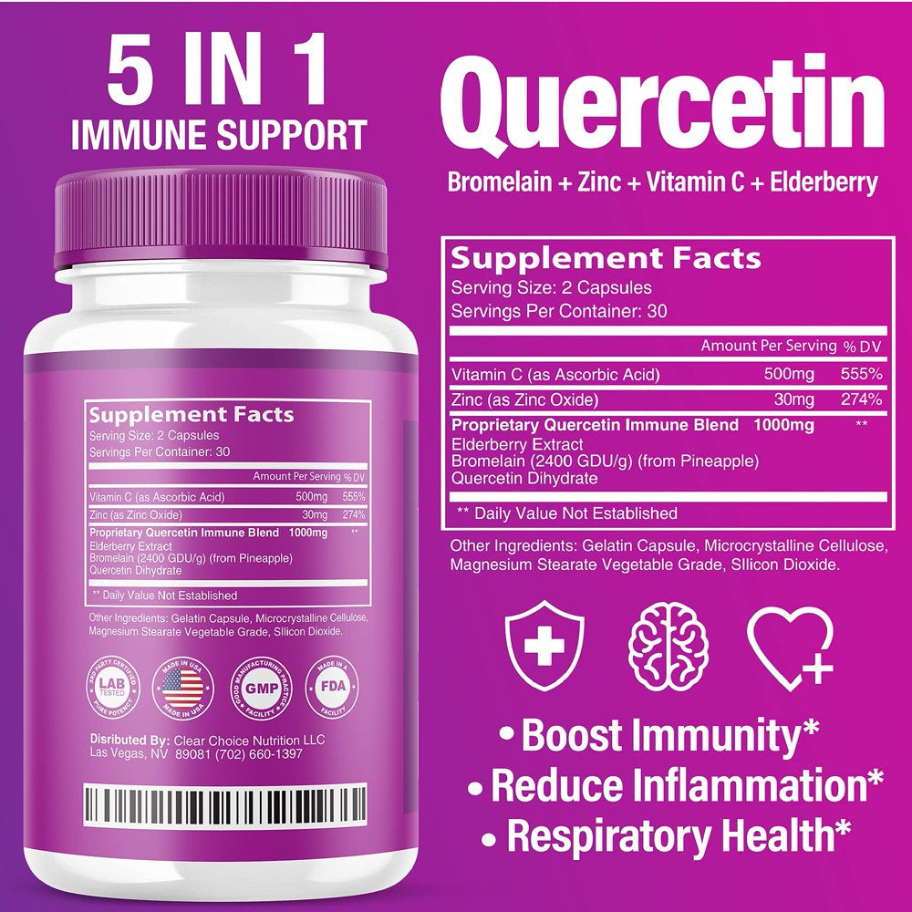 (2 Pack) Quercetin with Bromelain Vitamin C Zinc Elderberry 1000Mg Immune System Booster, Lung Support Supplement for Adults Kids - Immunity Defense (120 Capsules)