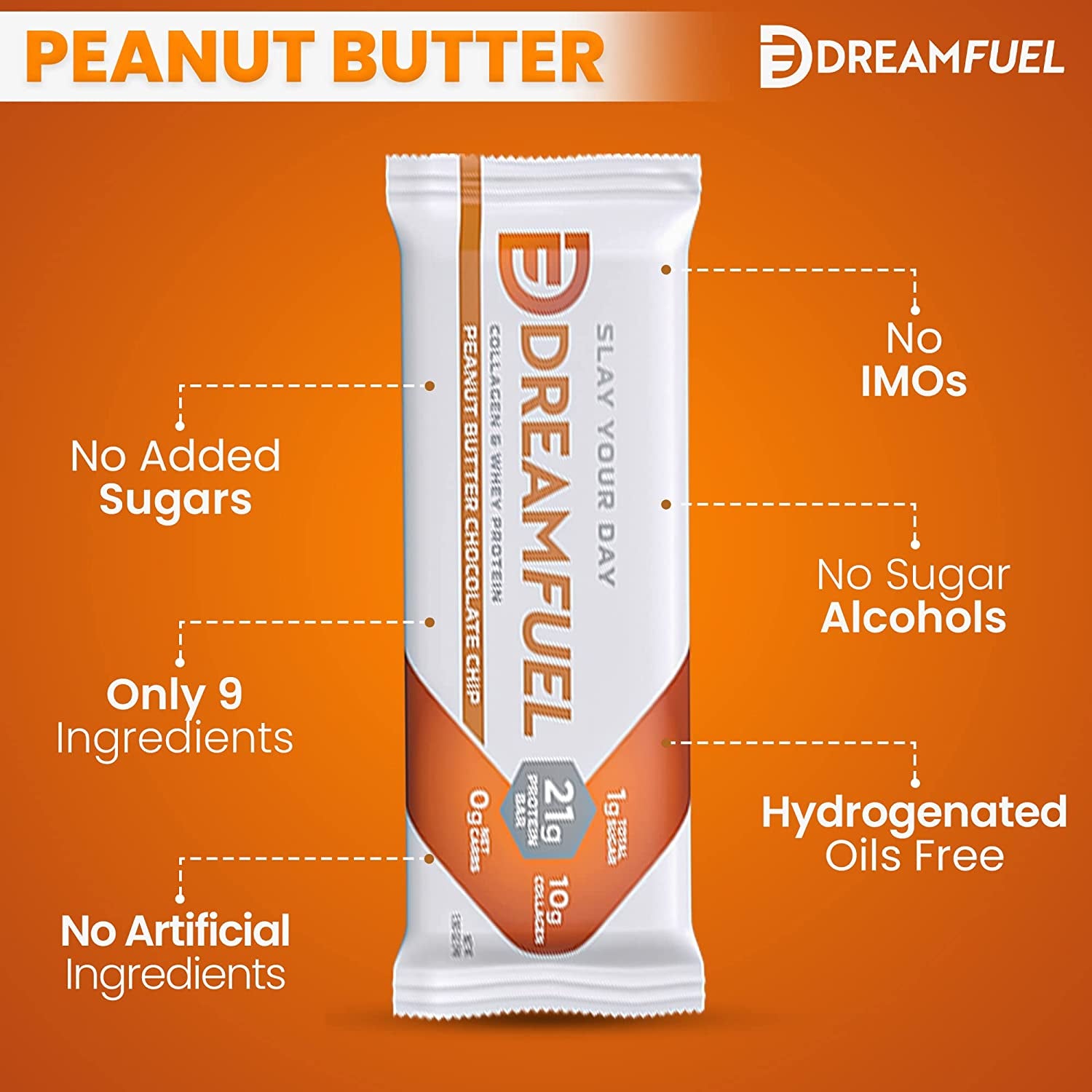 DREAM FUEL High Protein Bar, Peanut Butter Chocolate Chip, 21G Protein, 10G Collagen, 0G Net Carbs, Low Sugar, Low Carb, Low Calorie, No Sugar Alcohols, No Added Sugar, Gluten Free, Keto Friendly, Non-Gmo, 12 Pack