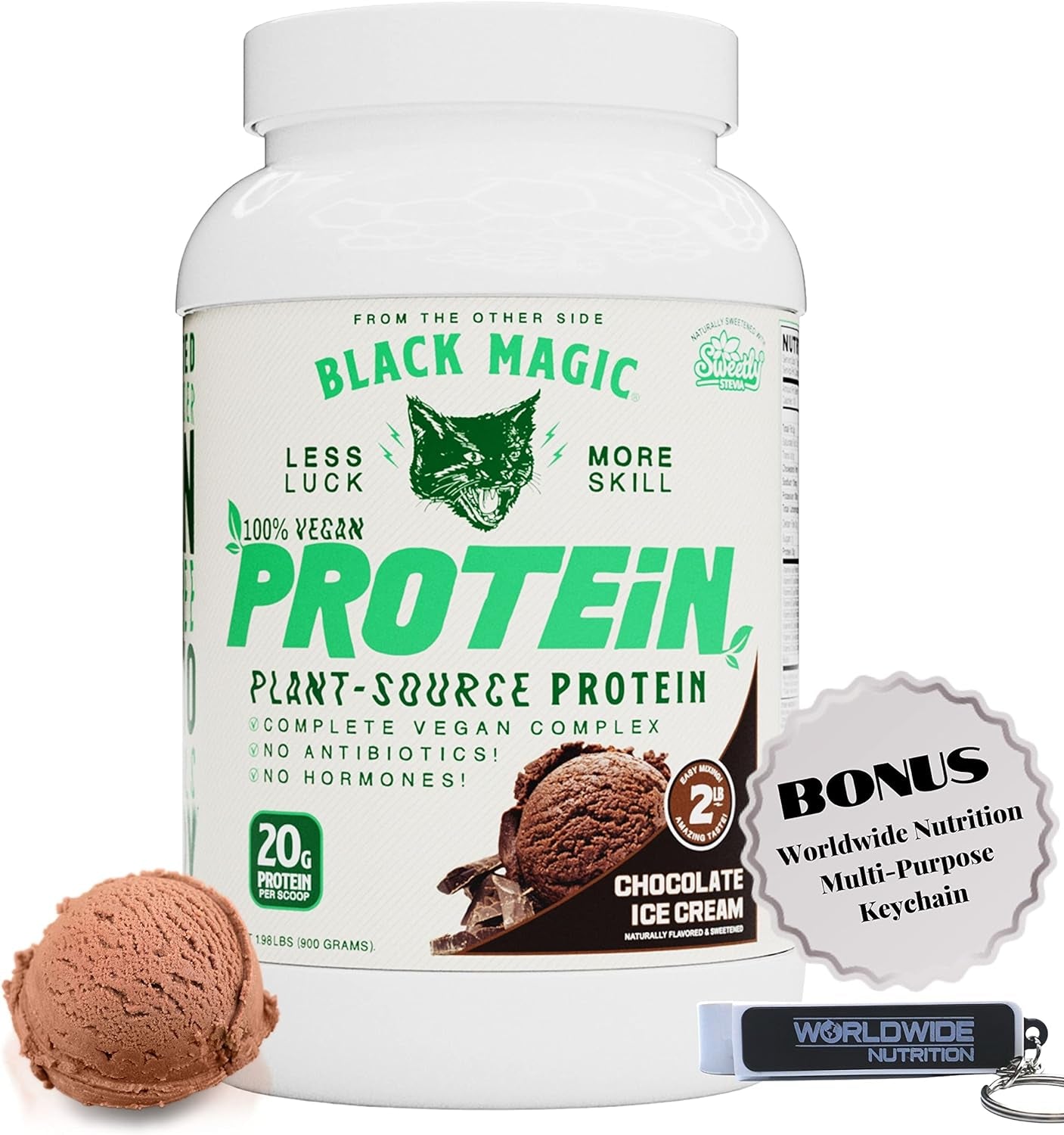 Worldwide Nutrition Bundle, 2 Items:Black Magic Multi-Source Protein Whey, Egg & Casein Complex with Enzymes & MCT Powder Pre Workout & Post Workout Vegan Choco Ice Cream 24G Protein 2LB & Key Chain