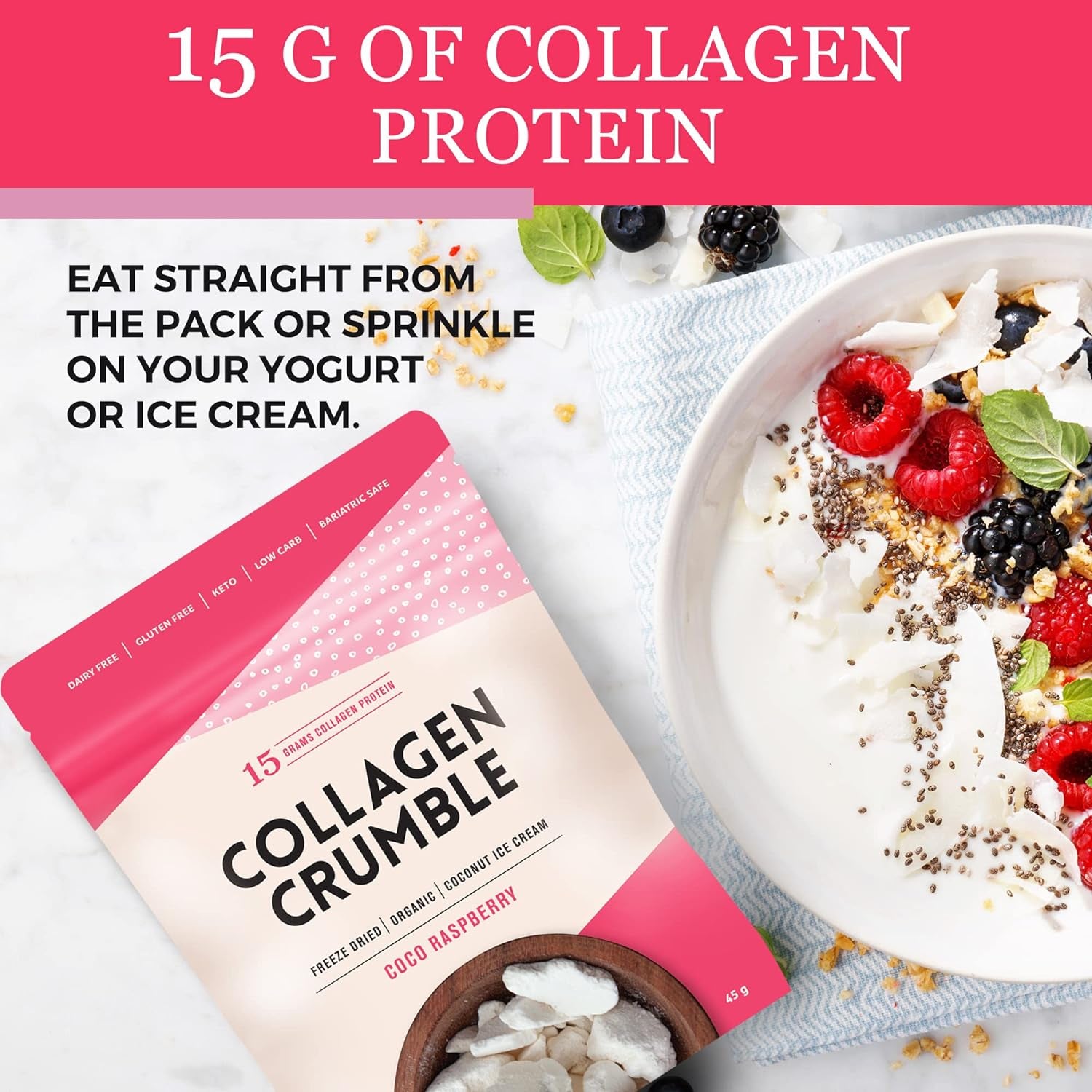 3 Broth MAKERS Collagen Crumbles, Coco Raspberry, Freeze-Dried Dairy-Free Organic Coconut Ice Cream with Hydrolyzed Protein Collagen Powder for Women and Men, Gluten-Free - Made in Australia - 1 Pack