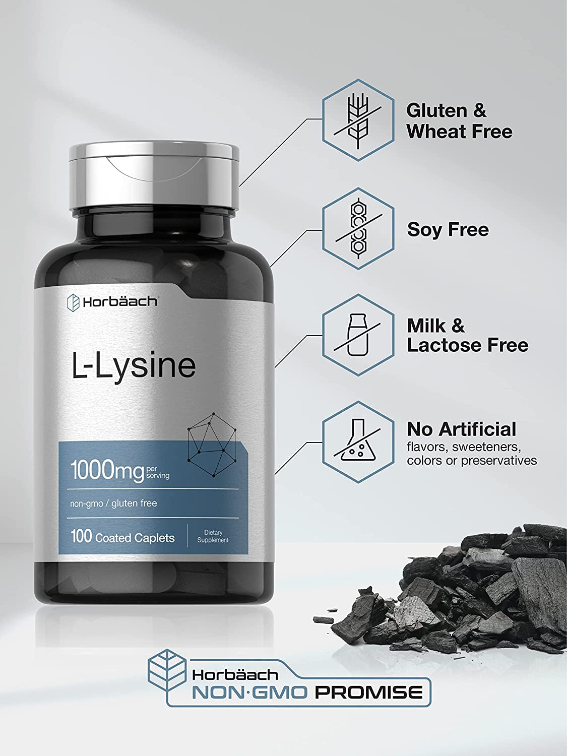 L-Lysine 1000Mg | 100 Coated Caplets | Free Form Dietary Supplement | Vegetarian, Non-Gmo, and Gluten Free Formula | by Horbaach