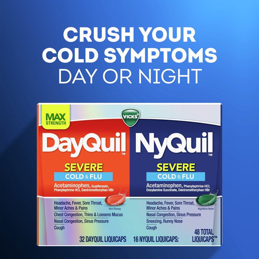 Vicks Dayquil & Nyquil Severe Liquicaps, Cough, Cold & Flu Relief, Over-The-Counter Medicine, 48 Ct