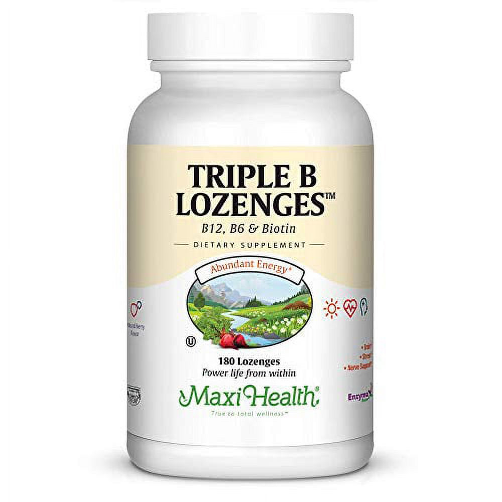 Maxi Health Triple B Lozenges - Vitamin B12 & B6 & Biotin - Strawberry Flavor - 180 Chewies - Kosher