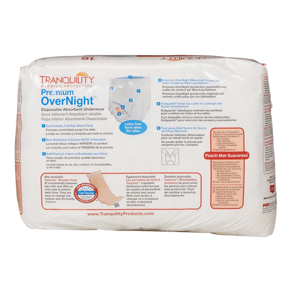 Tranquility Premium Overnight Disposable Absorbent Underwear, Large, Maximum Protection, 16 Ct Bag