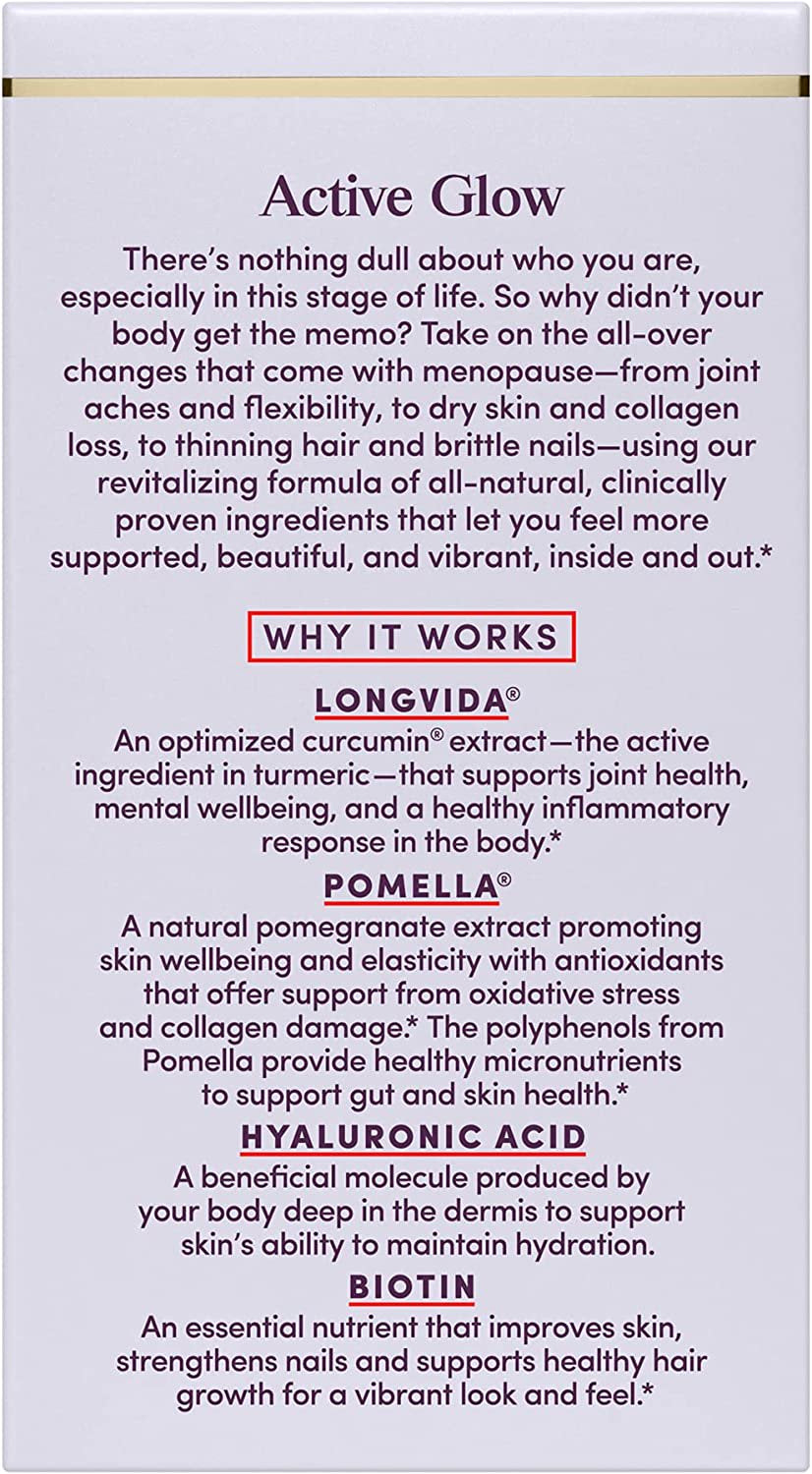 Womaness Active Glow - All over Menopause Support for Hair Skin and Nails Vitamins & Joint Health - Longvida Curcumin, Pomegranate Extract, Hyaluronic Acid + Biotin Menopause Supplements (30 Capsules)