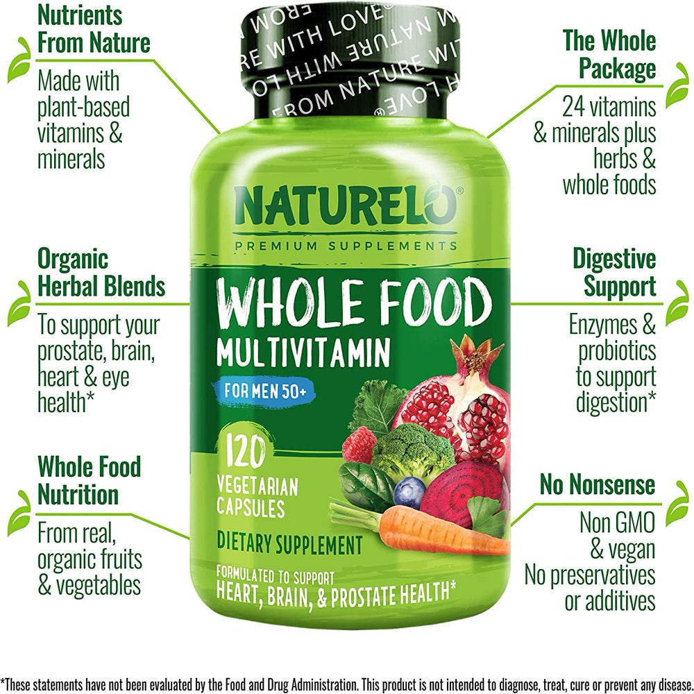 NATURELO Whole Food Multivitamin for Men 50+ - with Vitamins, Minerals, Organic Herbal Extracts - Vegan Vegetarian - for Energy, Brain, Heart and Eye Health - 120 Capsules