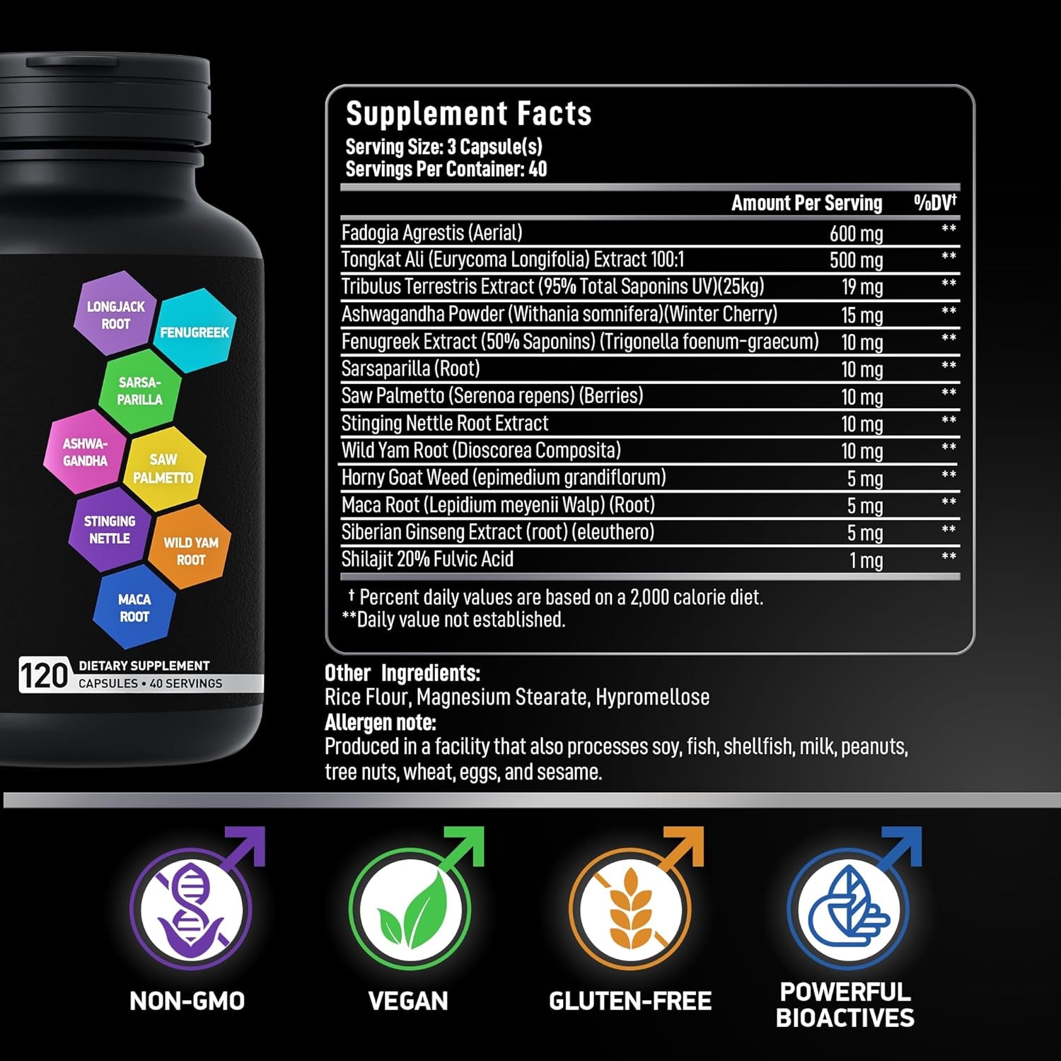 Fadogia Agrestis and Tongkat Ali Supplement - Fadogia Agrestis 600Mg, Longjack Tongkat Ali Extract 500Mg, Saw Palmetto Ashwagandha Maca Fenugreek - Performance, Drive, Strength - 120 Caps