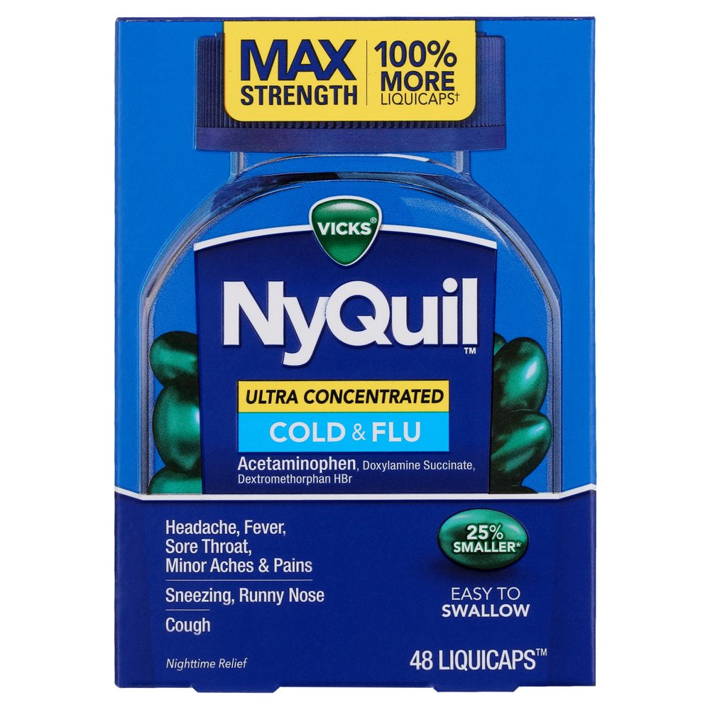 Vicks Nyquil Ultra Concentrated Liquicaps, Over-The-Counter Medicine for Cold, Cough & Flu, 48 Ct