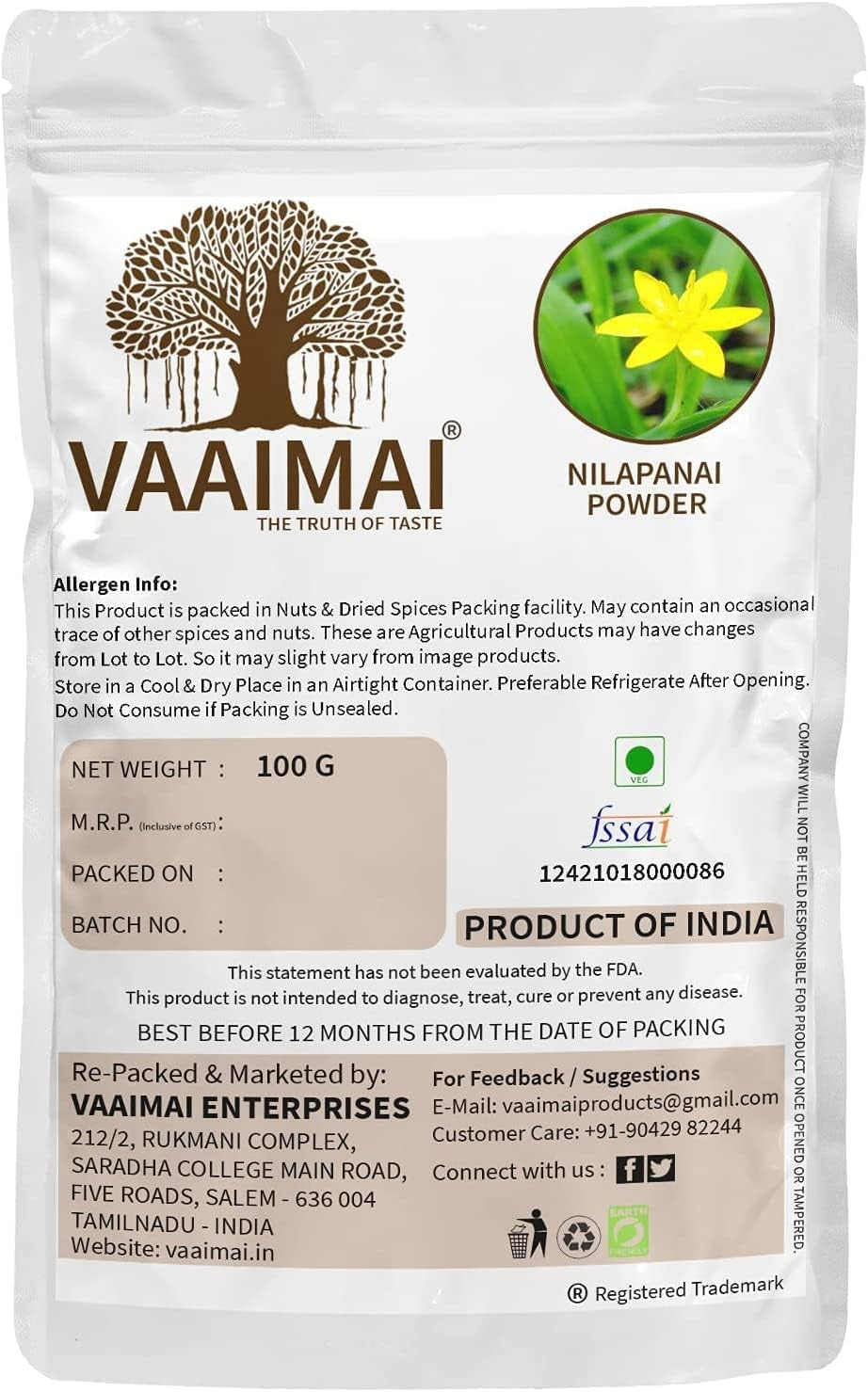 CROW VAAIMAI Nilapanai Powder/Curculigo Orchioides, 100G