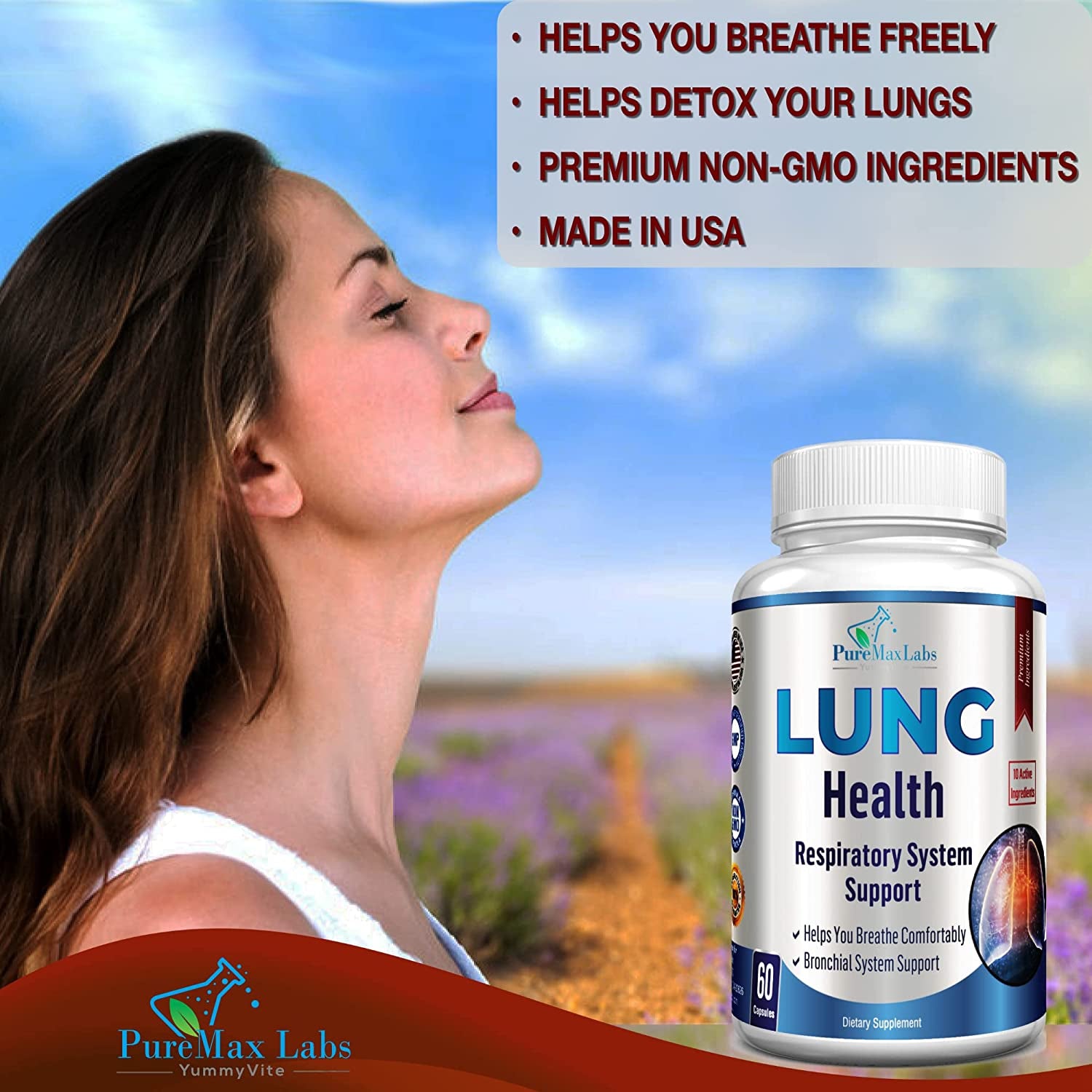 YUMMYVITE Lung Support Supplement, Lung Cleanse & Lung Detox Formula, Lung Health Support for Clear Lungs, Comfortable Breathing, Bronchial Health, 60 Capsules