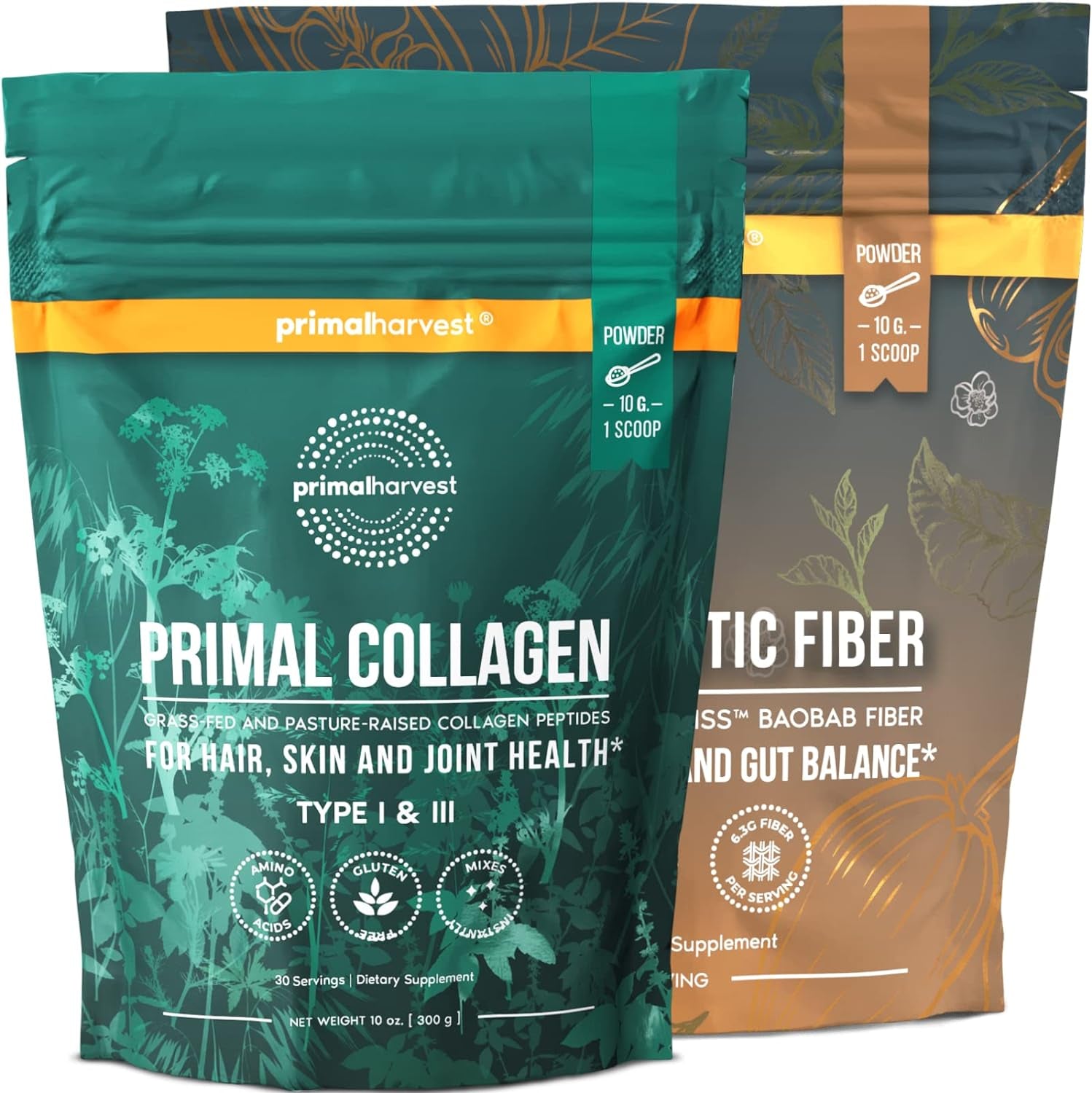 Primal Harvest Primal Prebiotic Fiber Powder & Collagen Powder for Women with Organic Baobab