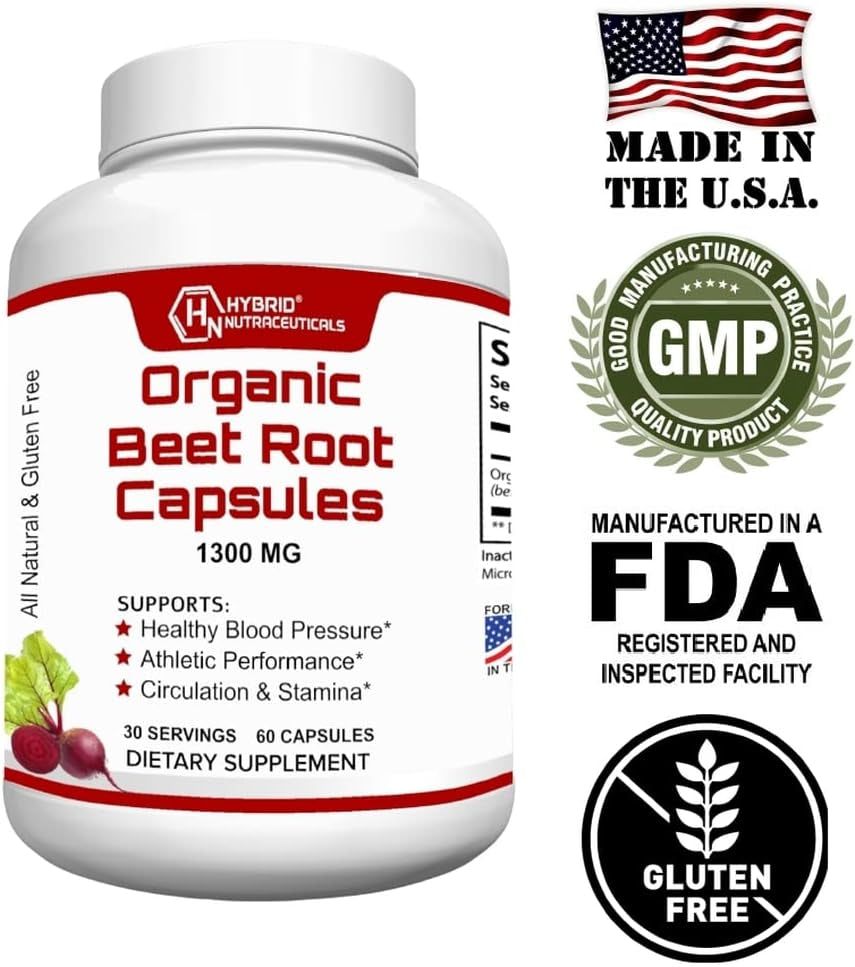 Hybrid Nutraceuticals Organic Beet Root Capsules 1300Mg - Natural Nitric Oxide Supplement Booster, Supports Blood Pressure, Circulation, Heart Health, Athletic Performance - 60 Capsules