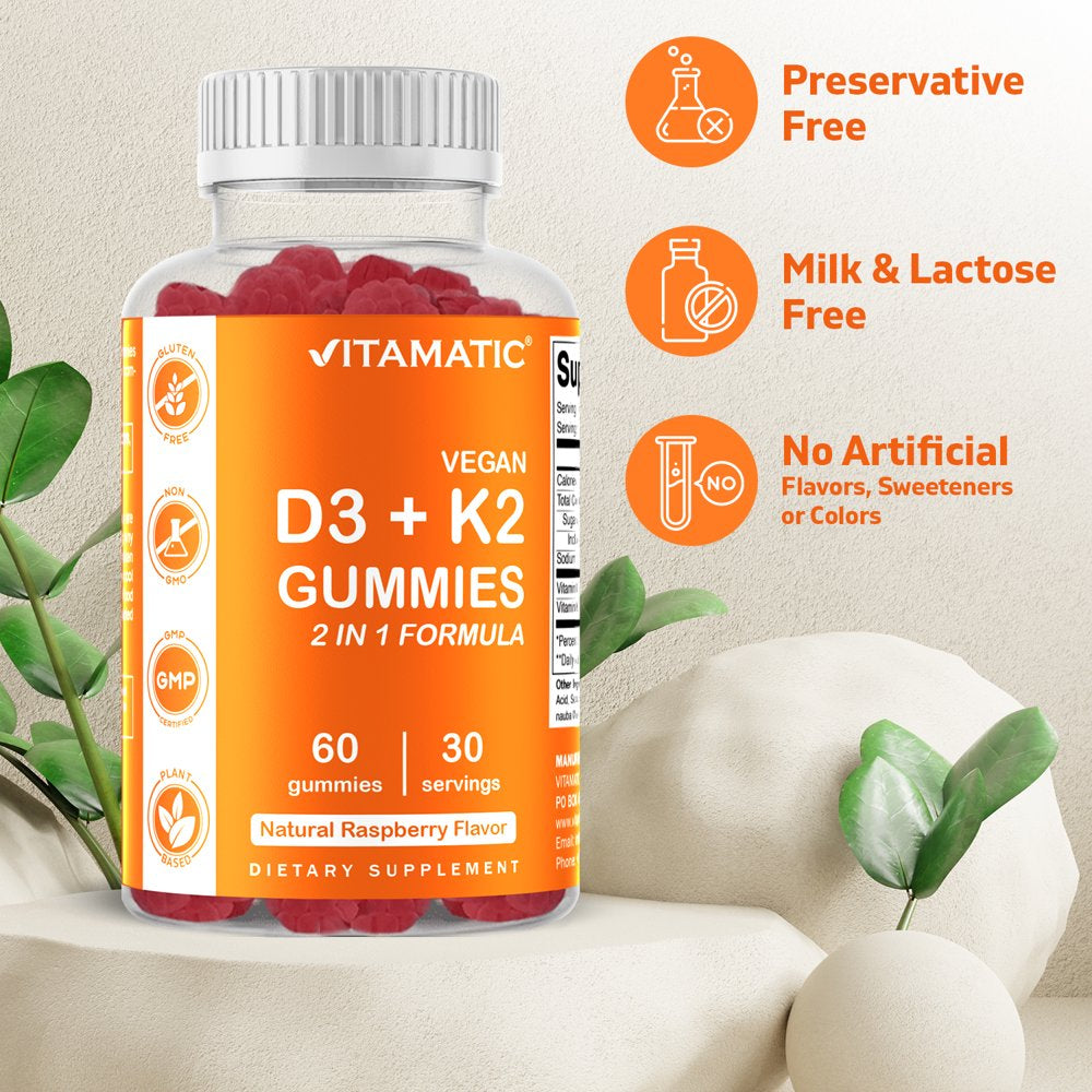 2 Pack - Vitamatic Vitamin D3 K2 Gummies - 60 Count - Supports Healthy Bone, Heart & Calcium Absorption, & Immune Health - Plant Based, Non-Gmo, Gluten Free