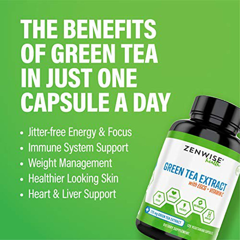 Zenwise Green Tea Extract with EGCG & Vitamin C - Antioxidant & Immune Supplement - Vegan Skin & Heart Support Brain Health & Memory Boost - 120 Count