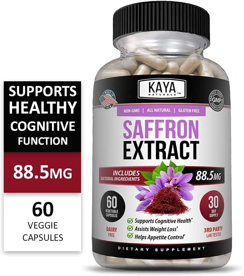 Kaya Naturals Saffron Supplement Capsule - 100% Pure Saffron Extract with Natural Ingredients | Boost Energy & Mood, Support Eye & Heart Health, 60 Count