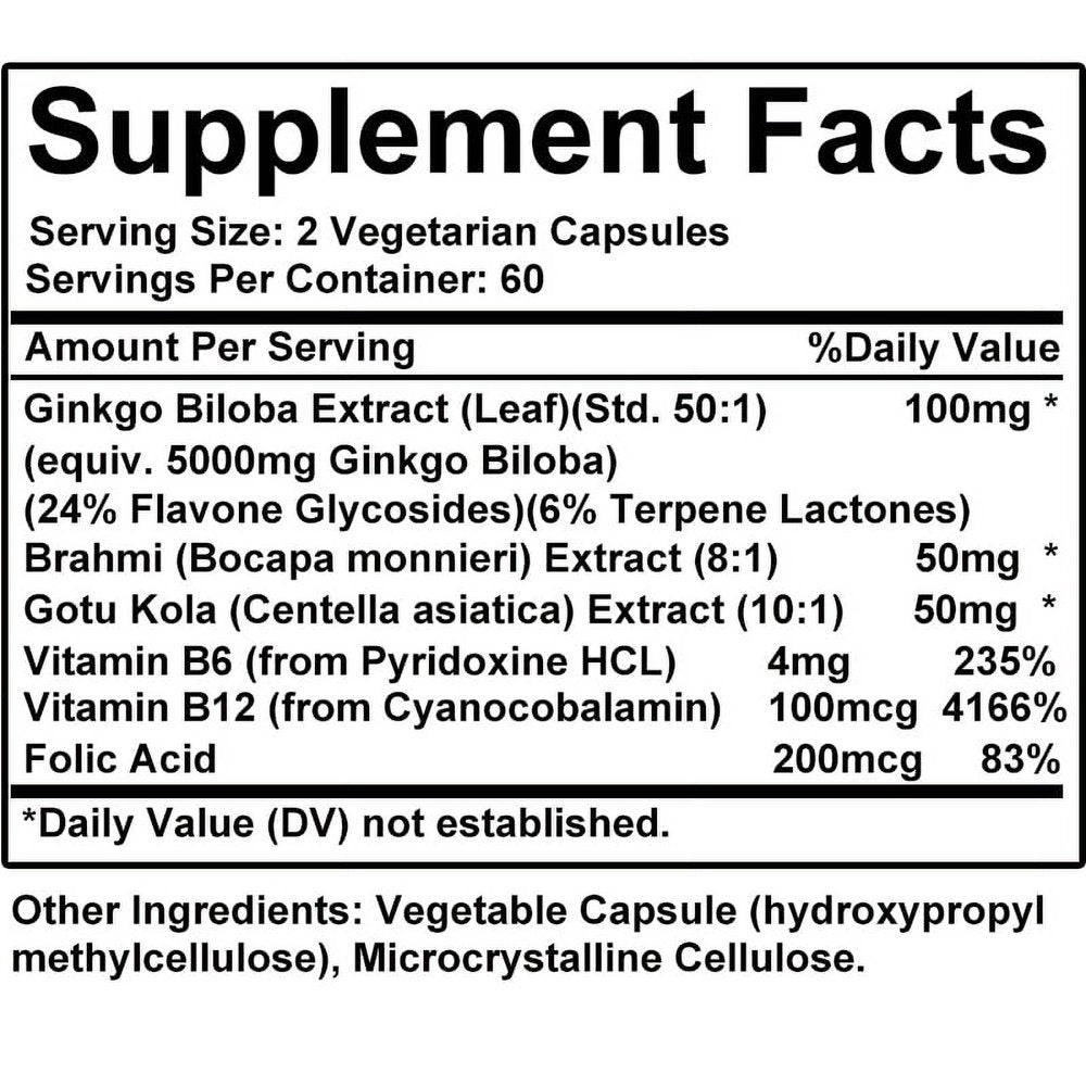 Ginkgo Biloba Supplement - with Vitamins B6 B12 - Standardized Extract 24% Ginkgo Flavonoid Glucosides 6% Terpene Lactones - Brain Memory Mental Clarity Alertness Energy Mood-120Capsules