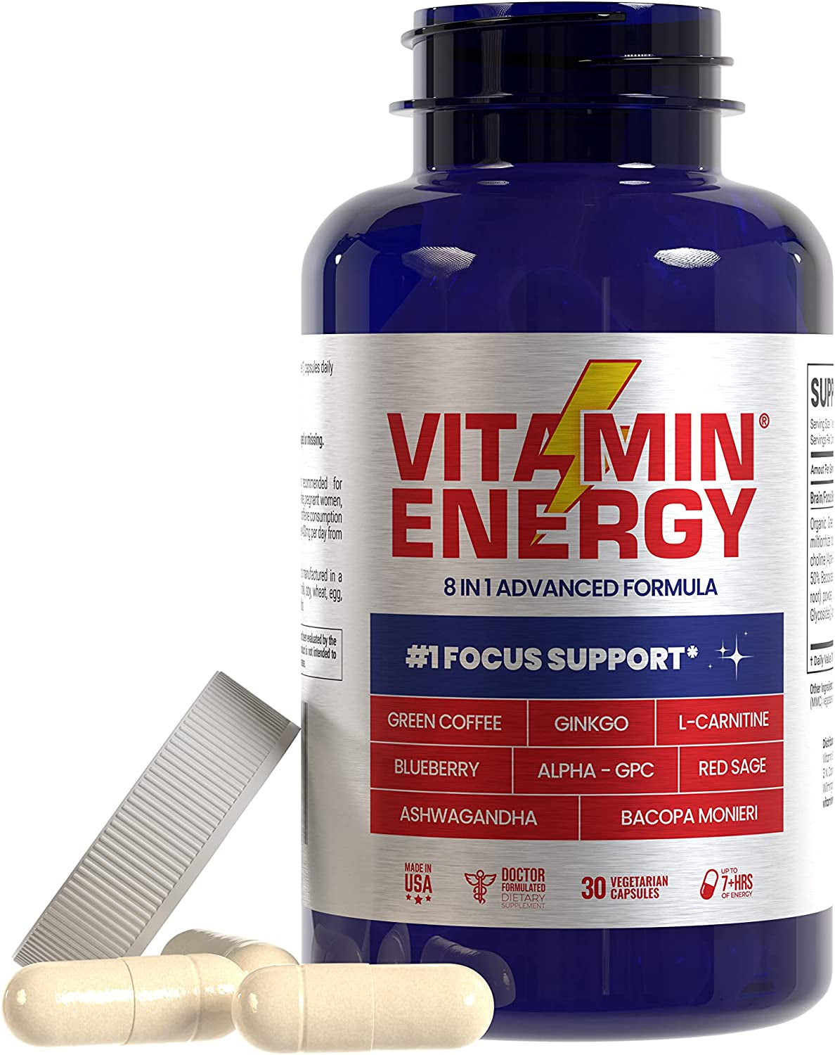 Vitamin Energy Focus+ Energy Capsules, up to 7+ Hours of Energy, 30 Capsules, 1 Pack