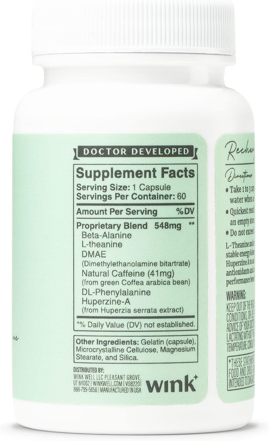 Wink Well Energy Focus + Clarity Boost | Natural Supplement Capsules Formulated with Beta-Alanine L-Theanine & Huperzine-A | Energize Support Cognitive Performance, Memory & Alertness | 60-Count