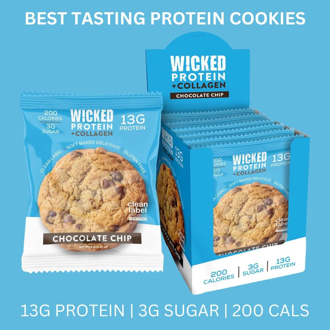 WICKED Protein Cookie, Chocolate Chip, High Protein, Low Sugar, Clean Label Project Certified, Gluten Free, Collagen, Delicious Soft Baked Protein Snack for Women and Men (Chocolate Chip, 6)