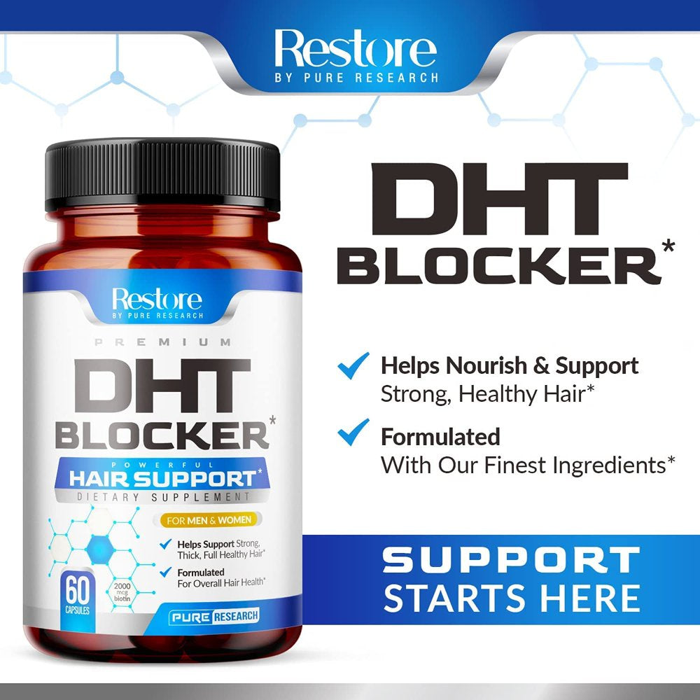 Pure Research DHT Blocker Hair Growth Support Supplement - Supports Healthy Hair Growth, Healthy Thick Strong Hair - Biotin, Saw Palmetto, Iron + - Hair Vitamins for Women and Men - Low Loss Capsules