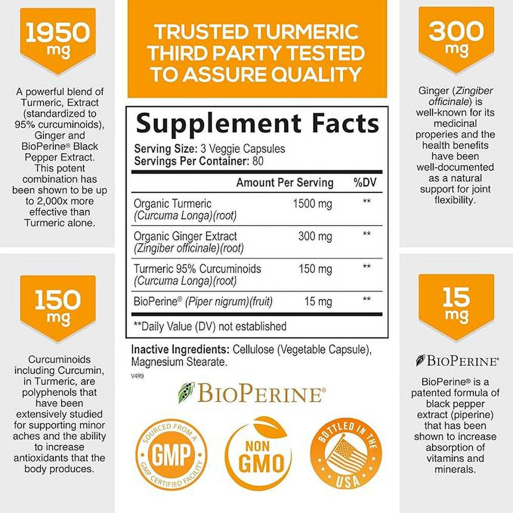 Turmeric Curcumin with Bioperine & Ginger 95% Standardized Curcuminoids 1950Mg - Black Pepper for Max Absorption, Natural Joint Support, Nature'S Tumeric Extract Supplement, Vegan - 240 Capsules