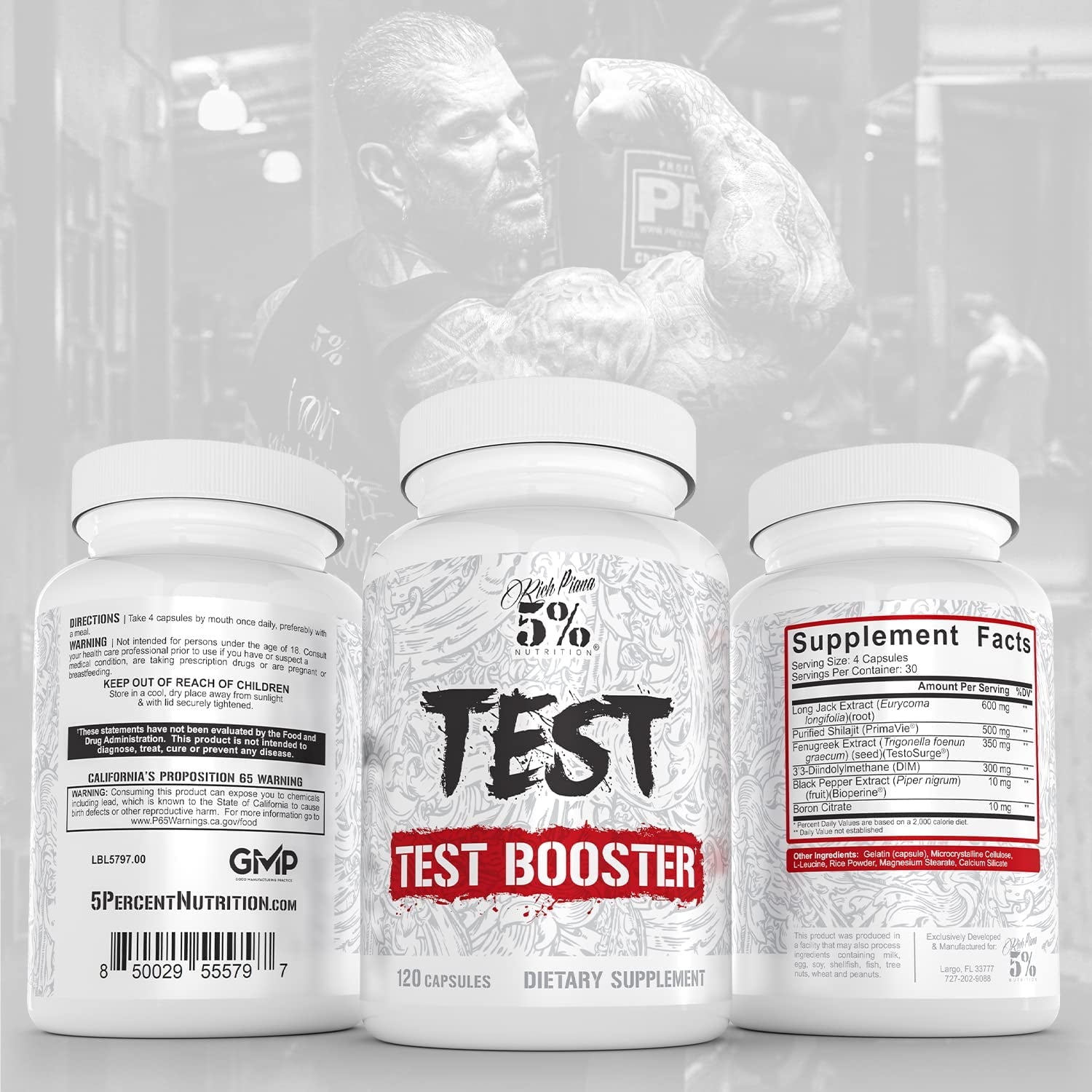 5% Nutrition Rich Piana Test | Natural Testosterone Booster for Men | Muscle Builder, Male Vitality, Energy & Stamina | Tongkat Ali (Longjack), Shilajit, Fenugreek, DIM, Boron | 120 Capsules