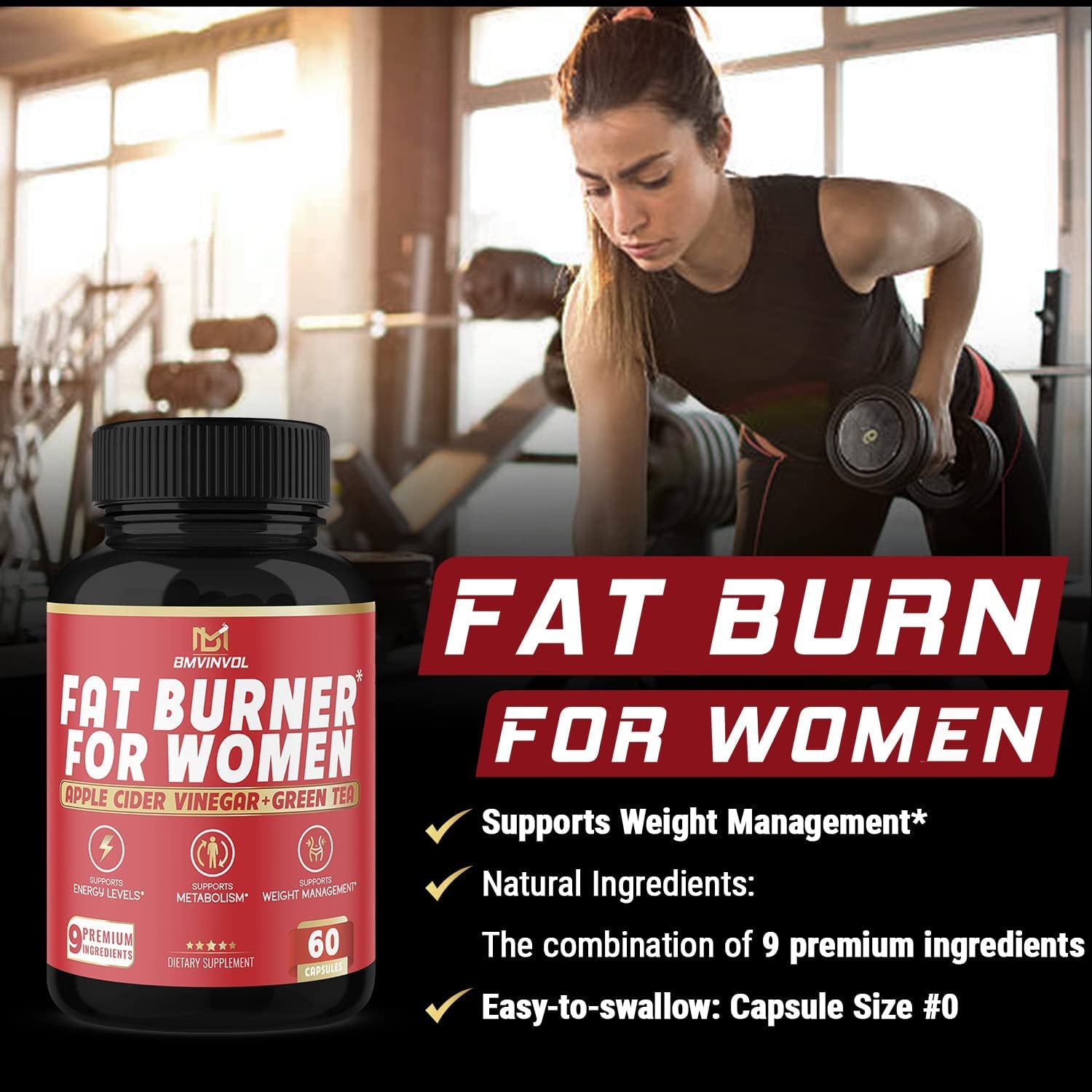 Fat Burner for Women, 9-In-1 Powerful Blend of Apple Cider Vinegar, Green Tea, Garcinia Cambogia, Green Coffee Bean, White Kidney Bean, Coleus Forskohlii, Raspberry Ketones, Olive Leaf