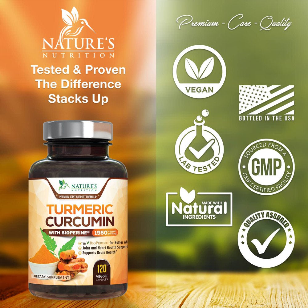 Turmeric Curcumin with Bioperine 95% Standardized Curcuminoids 1950Mg - Black Pepper for Max Absorption, Joint Support, Nature'S Tumeric Supplement, Vegan Herbal Extract, Non-Gmo, 120 Capsules