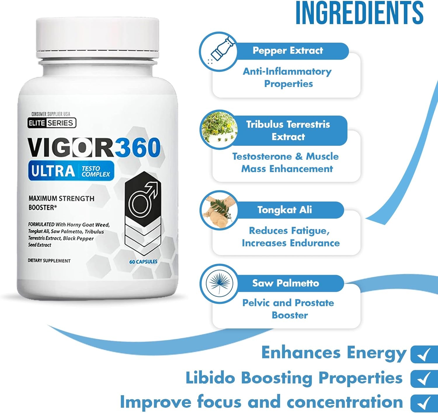 VIGOR 360 ULTRA TESTO COMPLEX - 60 Capsules - 30 Days of Testosterone Rejuvenation - Athletic and Mental Performance Booster.