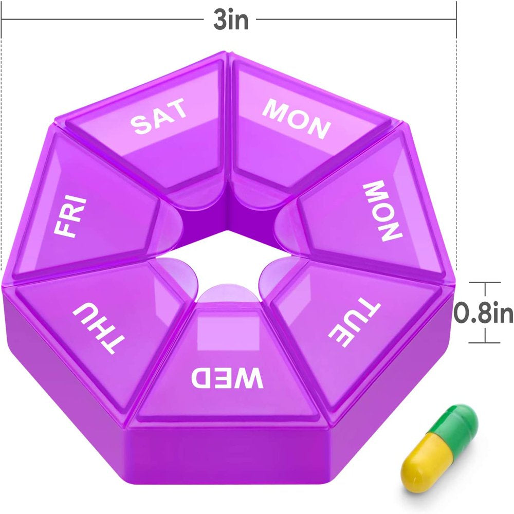 2 Pieces 7-Sided Portable Pill Holder Box Weekly Pill Organizer Medicine Planner Travel Pill Planner Small Case 7 Days Pill Reminder Vitamin Holder Box Sorter Plastic Pill Container