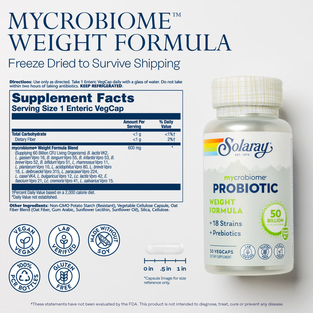Solaray Mycrobiome Weight Formula | Specially Formulated for Weight Health | Supports Normal Appetite, Energy Levels & More | 50 Billion CFU | 30 Ct