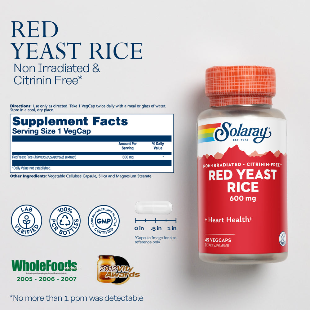 Solaray Red Yeast Rice 600Mg | Healthy Heart & Cardiovascular System Support | Non-Irradiated & No Citrinin | Lab Verified | 45 Vegcaps