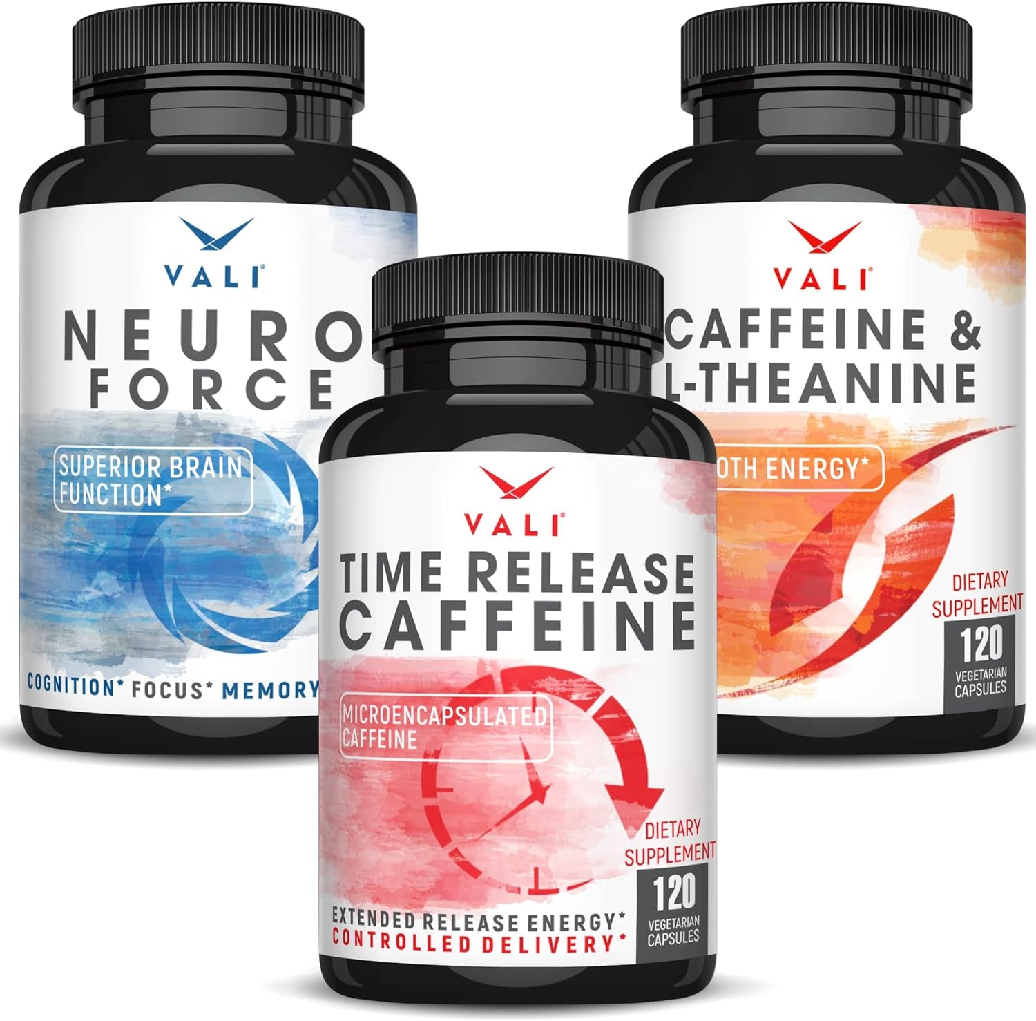 VALI Caffeine & L-Theanine Neuro Force Time Release Caffeine Bundle - Smart Smooth Focused Nootropic and Brain Booster for Focus, Memory, Clarity and Slow Release for Extended Energy