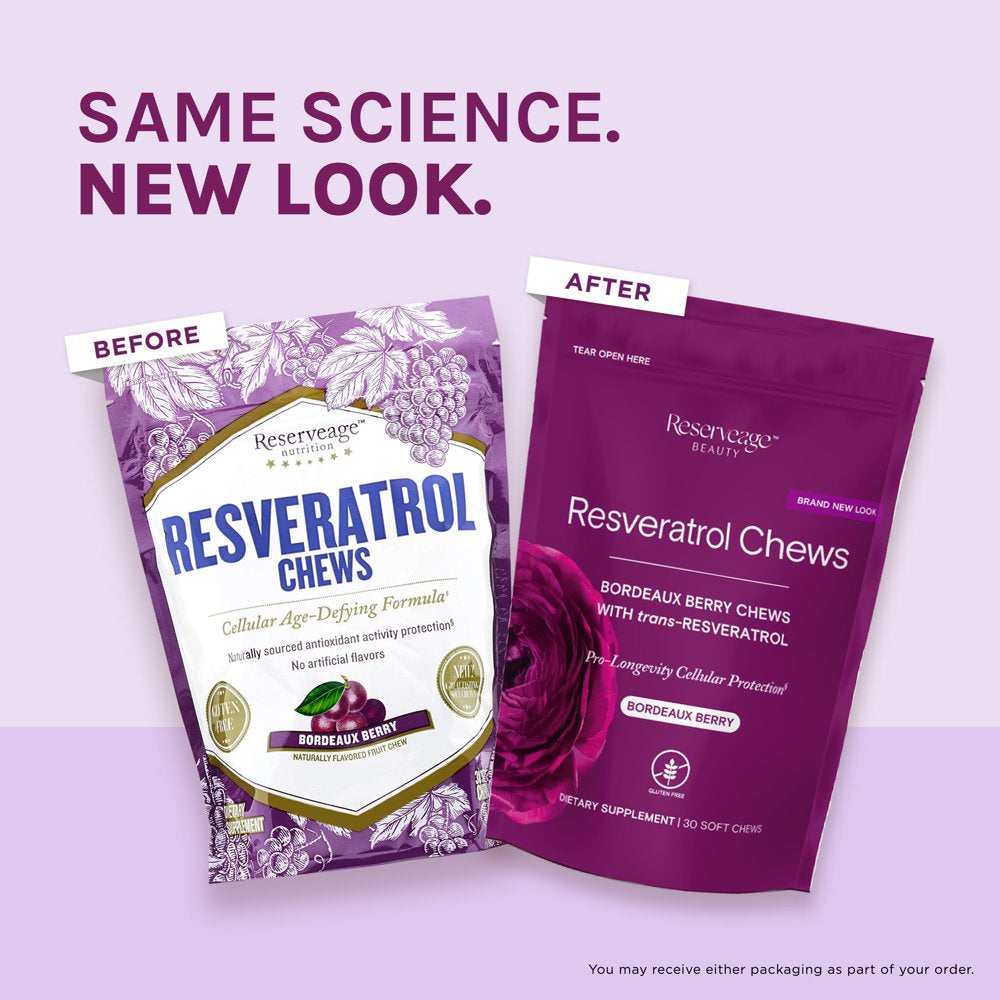 Reserveage, Resveratrol Chews, anti Wrinkle Support to Protect against the Aging Effects of Free Radicals for Youthful, Smooth Skin with Organic Red Grape and Acai, Bordeaux Berry, 30 Chews
