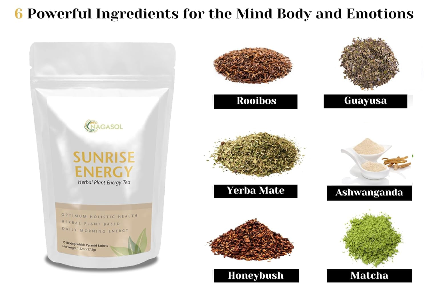 Sunrise Energy Tea with All Organic Ingredients: Honeybush, Guayusa, Ashwagandha, Rooibos, Yerba Mate, and Matcha. Super Blend for Morning Power.