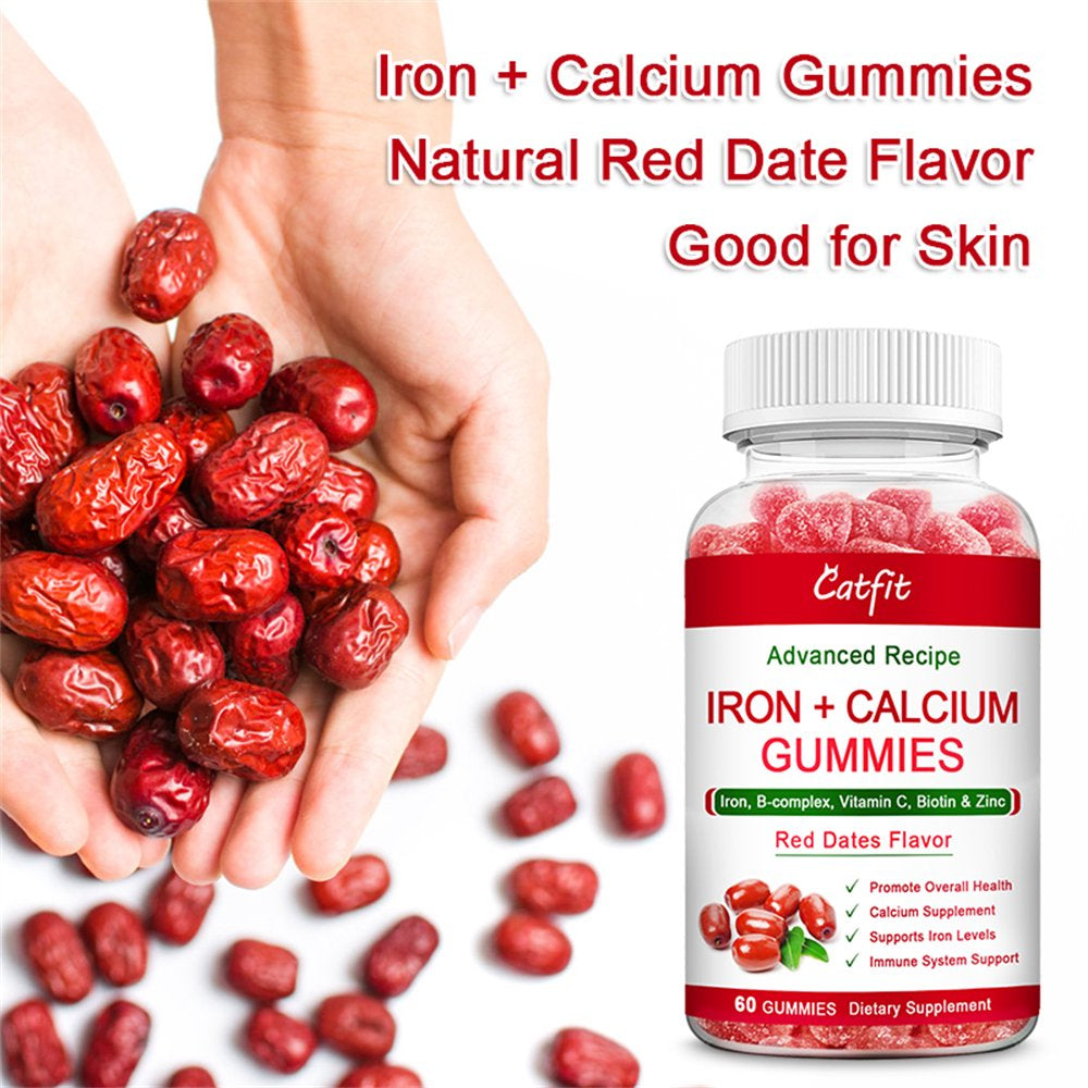 Catfit Red Dates Flavor Iron + Calcium Gummies Supplement with Vitaminc - Immune & Energy Support - 60 Gummies