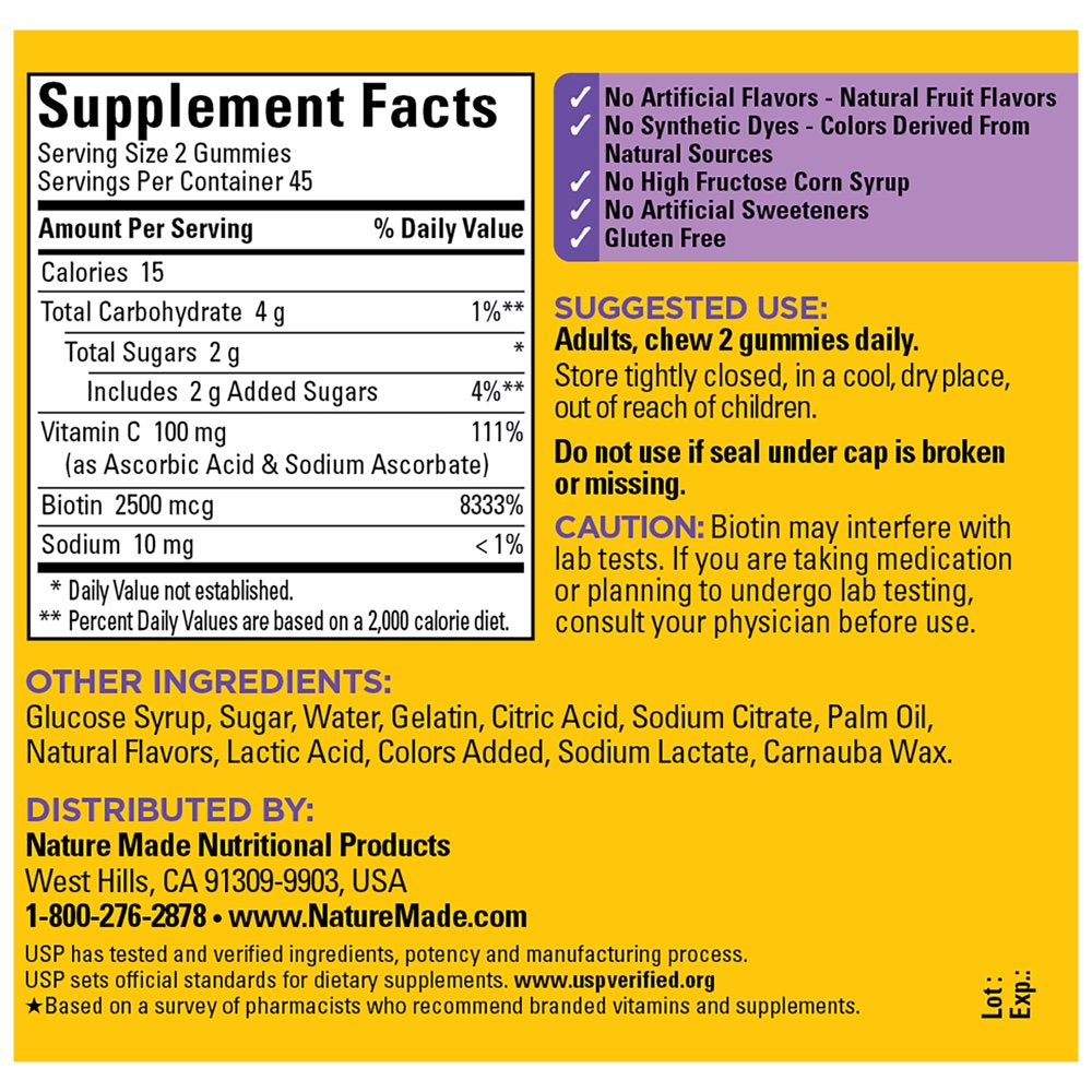 Nature Made Hair Skin and Nails with Biotin 2500 Mcg Gummies, 90 Count