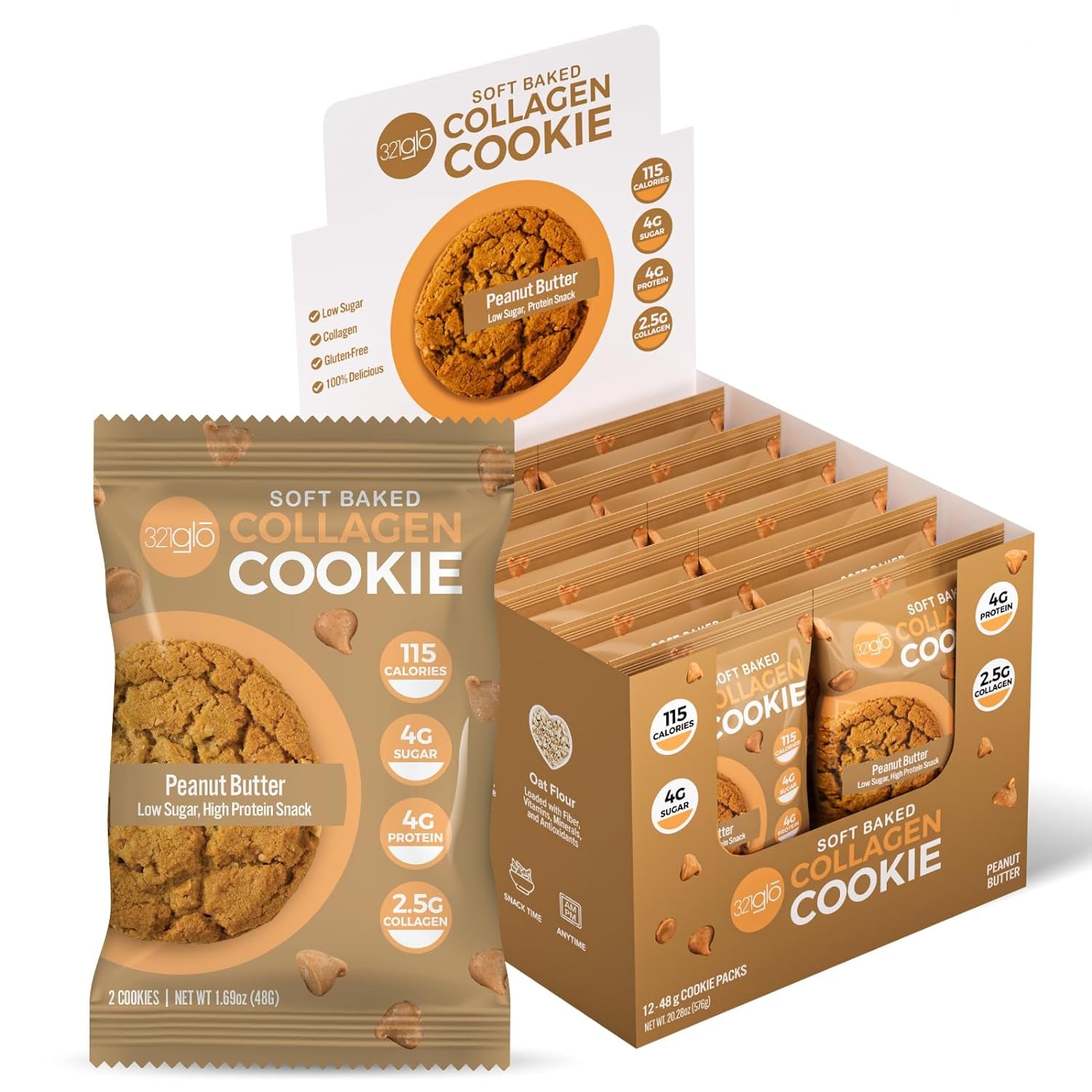 321Glo Collagen Cookies | Soft Baked, High Protein Cookies | Low Carb, Low Sugar | Keto Snack for Women, Men, & Kids | 12 Pack (Peanut Butter)