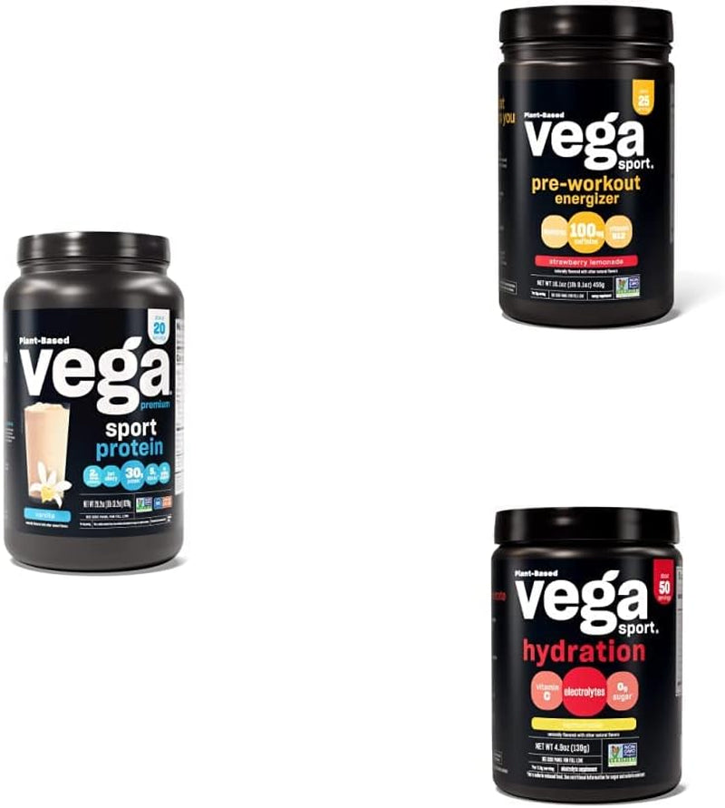 Vega Sport Routine Bundle - Premium Vanilla Protein Powder (20 Servings) Strawberry Lemonade Preworkout Energizer (25 Servings) and Lemonade Electrolyte Hydration (50 Servings)