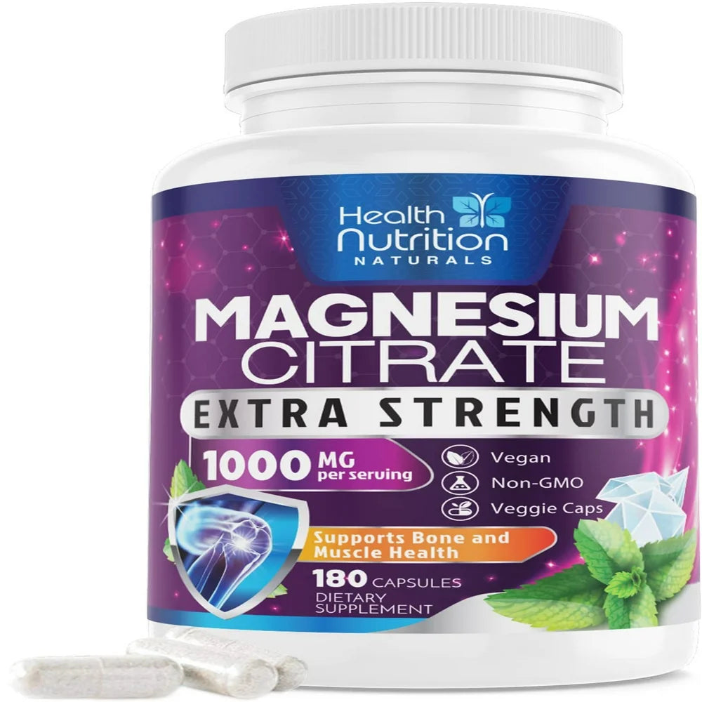 Magnesium Citrate Capsules 1000Mg - Max Absorption Magnesium Powder Capsules for Muscle, Nerve, Bone and Heart Health Support, High Absorption Citrate Complex, Gluten Free, Non-Gmo - 180 Capsules