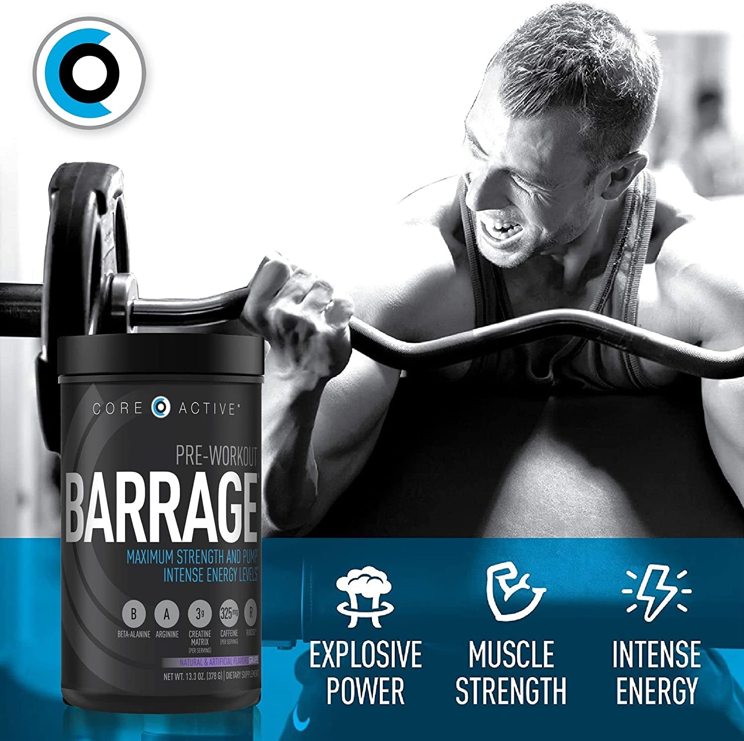 (CORE)ACTIVE Barrage Pre Workout Powder - Preworkout for Women & Men, Creatine Powder, Beta Alanine, Agmatine Sulfate, & Caffeine - Muscle Builder for Men with Intense Energy - Grape (30 Servings)