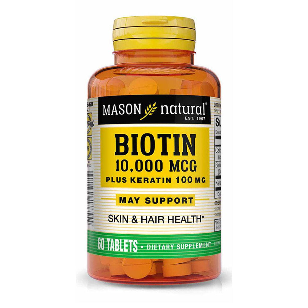 Mason Natural Biotin 10000 Mcg plus Keratin 100 Mg with Calcium - Healthy Hair, Strong Nails and Glowing Skin, Premium Beauty Supplement, 60 Tablets