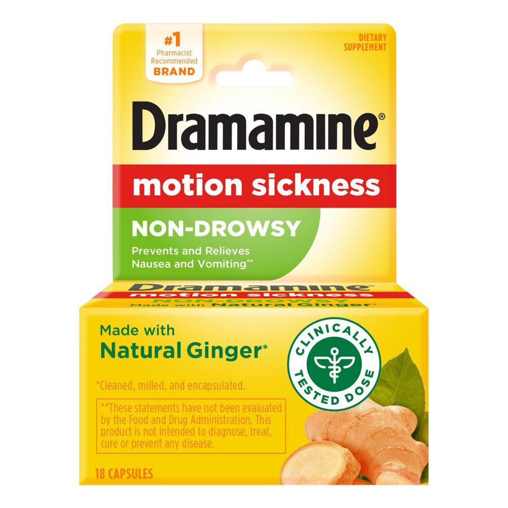 Dramamine Non-Drowsy, Motion Sickness Relief, Made with Natural Ginger, 18 Count