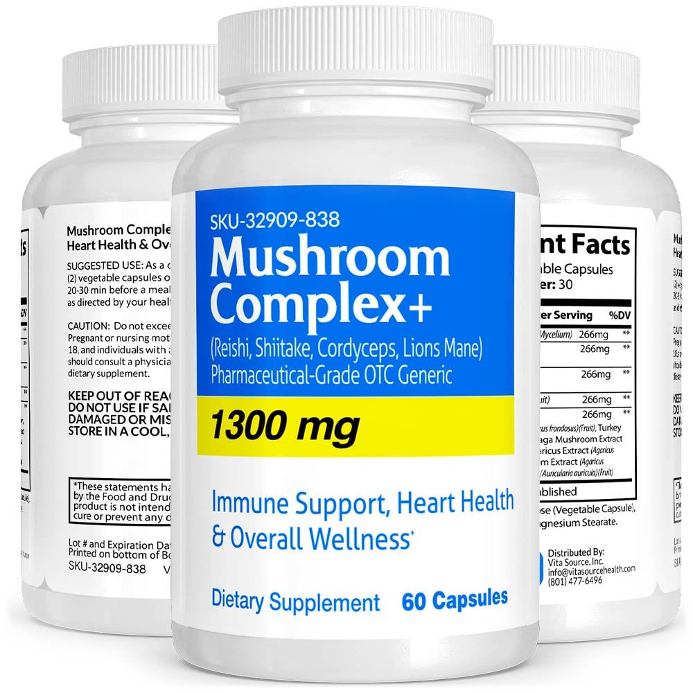 Mushroom Complex+ Pharmaceutical Grade OTC for Immune Support, Heart Health & Overall Wellness, 1300 Mg, Vitasource