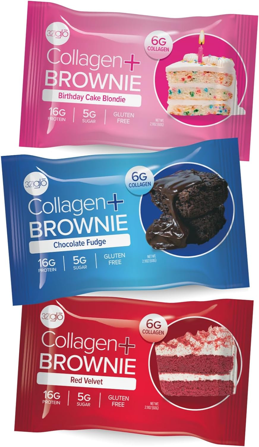 321Glo Collagen Protein Brownie | Gluten Free, Low Sugar | Keto Snack for Women, Men, & Kids | 16G Protein, 6G Collagen | 12 Pack (3 Flavor Variety Pack)