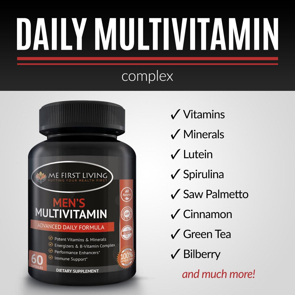 Me First Living Men'S Daily Multivitamin/Multimineral with Vitamins A, C, E, D, B1, B2, B3, B5, B6, B12, Magnesium, Biotin, Spirulina, Zinc and More - 60 Multivitamins