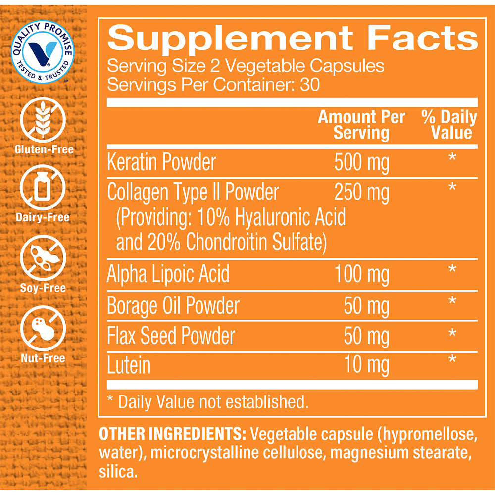 The Vitamin Shoppe Elements for Hair, Skin & Nails, Antioxidant That Supports Growth of Hair, Skin & Nail Health with Collagen Type II Powder & Hyaluronic Acid (60 Veggie Capsules)