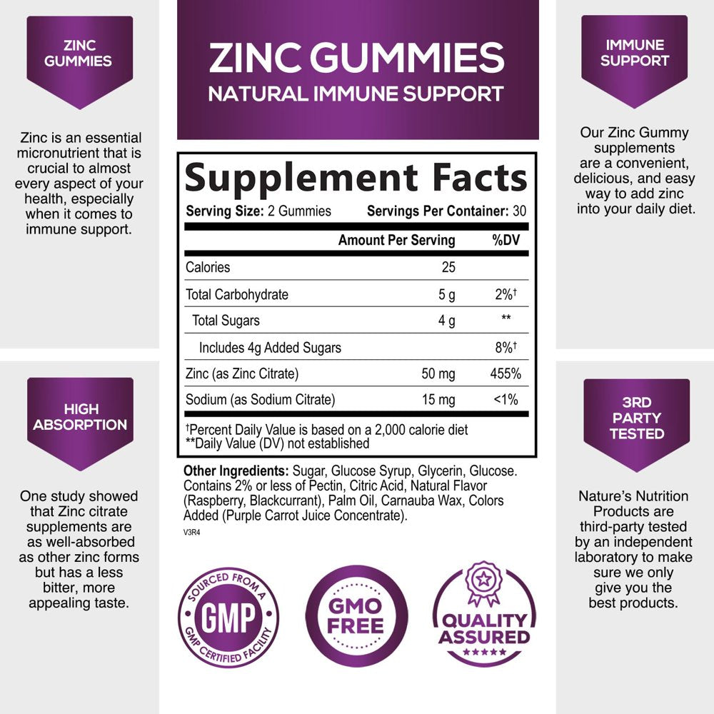 Zinc Gummies for Adults 50Mg - High Absorption Immune Health Support Gummy & Antioxidant Supplement, Dietary Supplement Zinc Vitamin for Men and Women, Vegan, Non-Gmo and Gluten Free - 60 Gummies