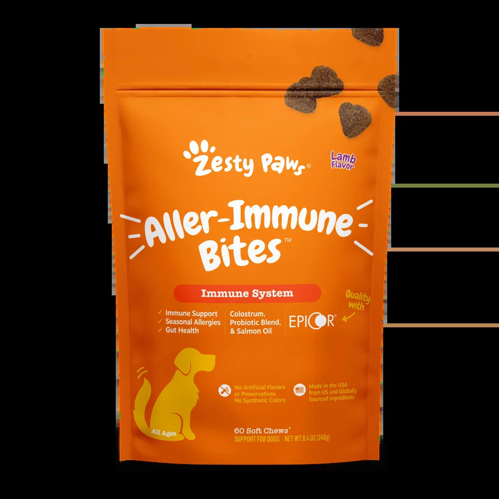 Zesty Paws Immune System Aller-Immune Bites for Dogs, Allergy Relief and Supports Immune Function, Gut Health & Sensitive Skin W Colostrum + Probiotics & Salmon Oil, Lamb Flavor, 60 Count Soft Chews