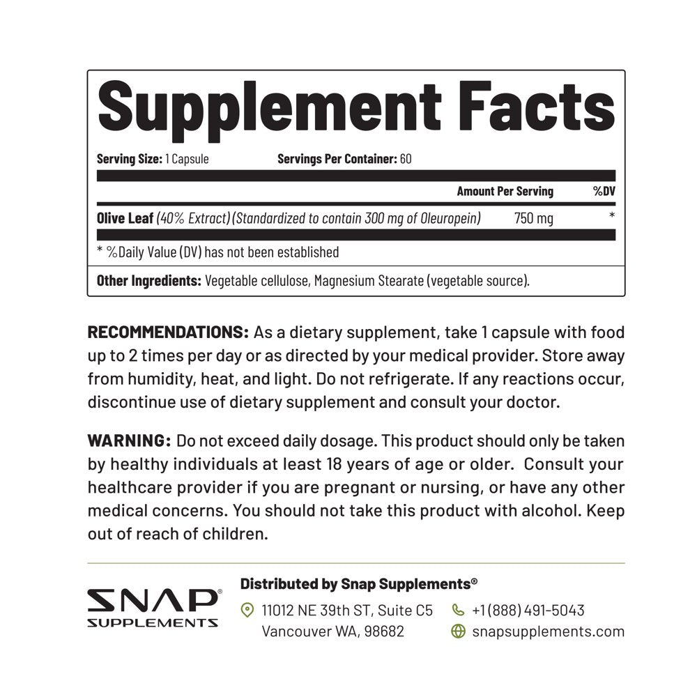 Snap Supplements Olive Leaf Extract Capsules - 40% Oleuropein Heart Health - 60 Count